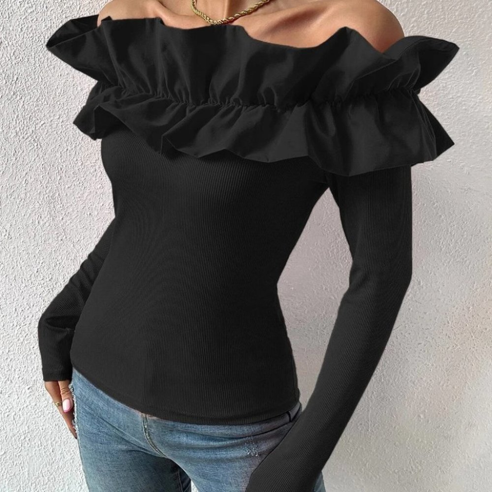 Black Preppy Womens off shoulder blouse top - Picture 5 of 5